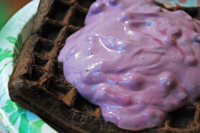 Chocolate Waffles with Blueberry Sauce